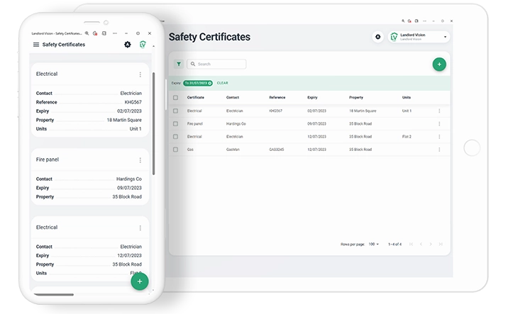 Screenshot showing safety certificates page in Landlord Vision. Safety certificates that expire soon can be found here.