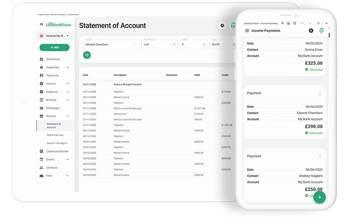 Income payments summary page and statement of accounts screenshots of Landlord Vision landlord software.