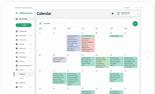 Calendar view screenshot. Landlord Vision can show everything from tasks to invoice due dates in a calendar view. 