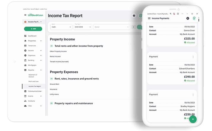 Landlord Vision's income tax report shown in a software screenshot and an income payments page screenshot.