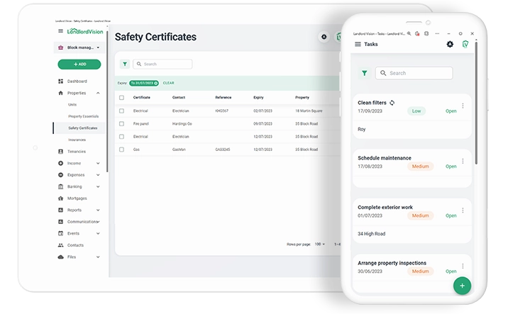 Software screenshot showing the expiring safety certificates in Landlord Vision and task management page.