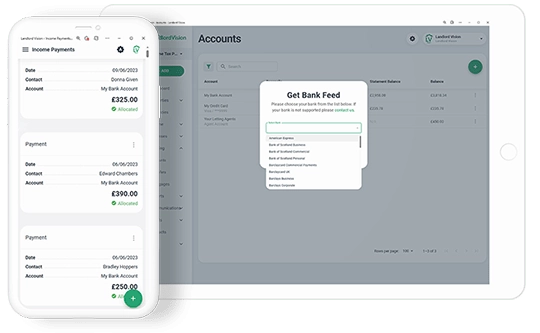 Screenshot of Landlord Vision showing how to add a bank feed for live bank feeds and a screenshot of incoming payments.
