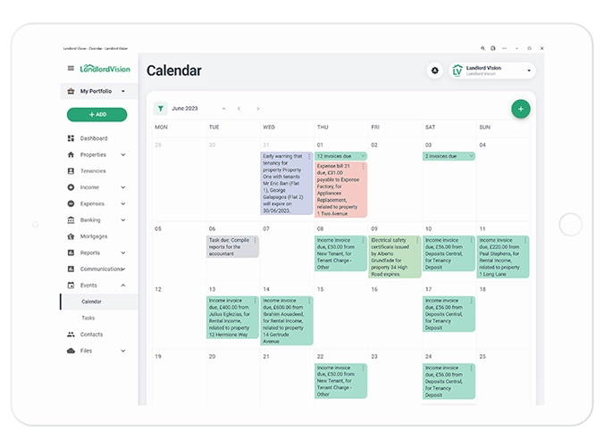 Calendar view in Landlord Vision property management software.