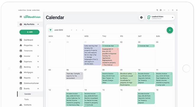 Calendar view available in the Landlord Vision software that helps landlords with their property management.