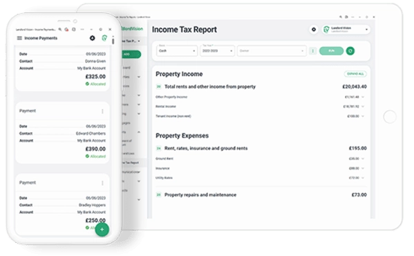 Screenshots of income payment and the income tax report in Landlord Vision.