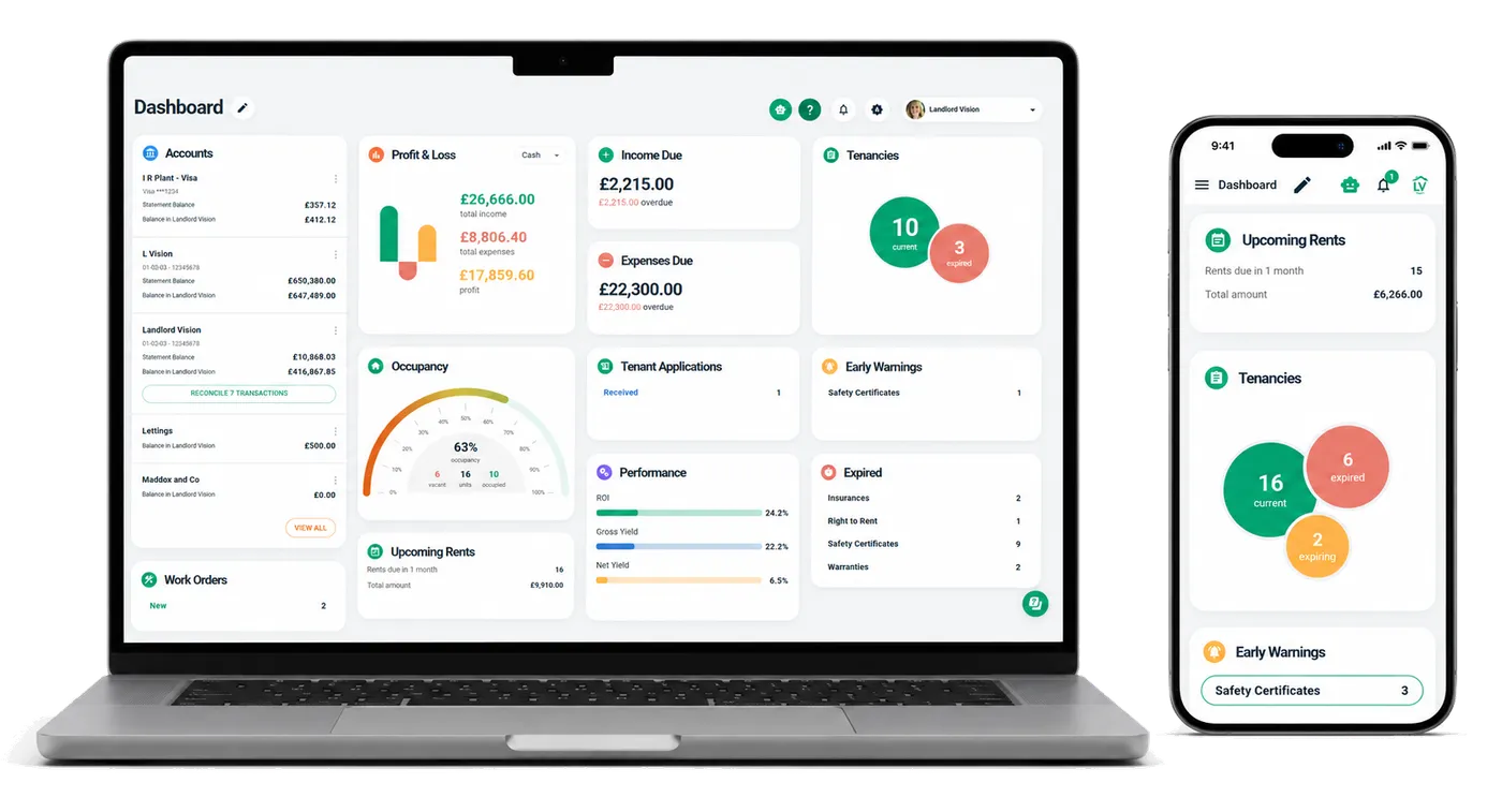 The Landlord Vision HMO dashboard shown on a laptop and a mobile phone