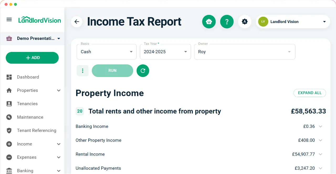 Landlord Vision screenshots showing the income tax report and a list of properties with property photos.