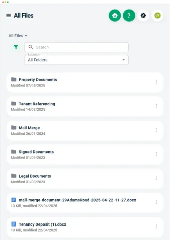 Landlord Vision screen displaying a bills summary page. Another page showing where you can save files in the software.