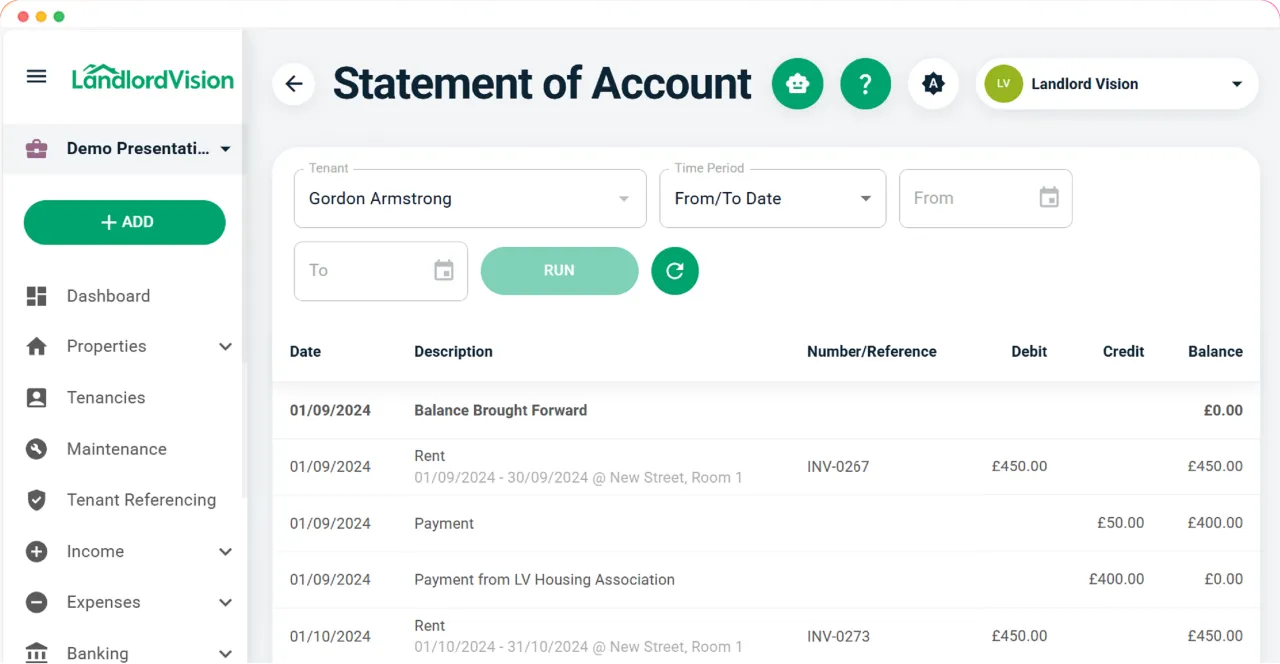 Landlord Vision screenshots showing the safety certificate page and summarising the tenancies and rooms for a property.