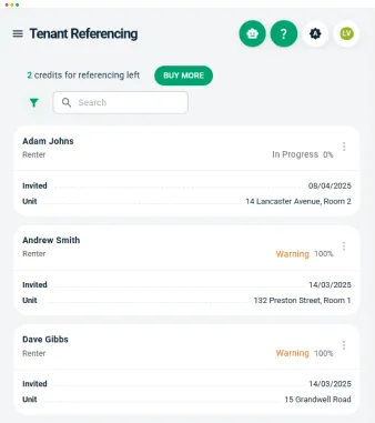 Landlord Vision screenshots showing the safety certificate page and summarising the tenancies and rooms for a property.