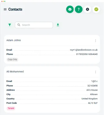 Landlord Vision screenshot summarising the tenancies and rooms for a property and screenshot showing safety certificates.