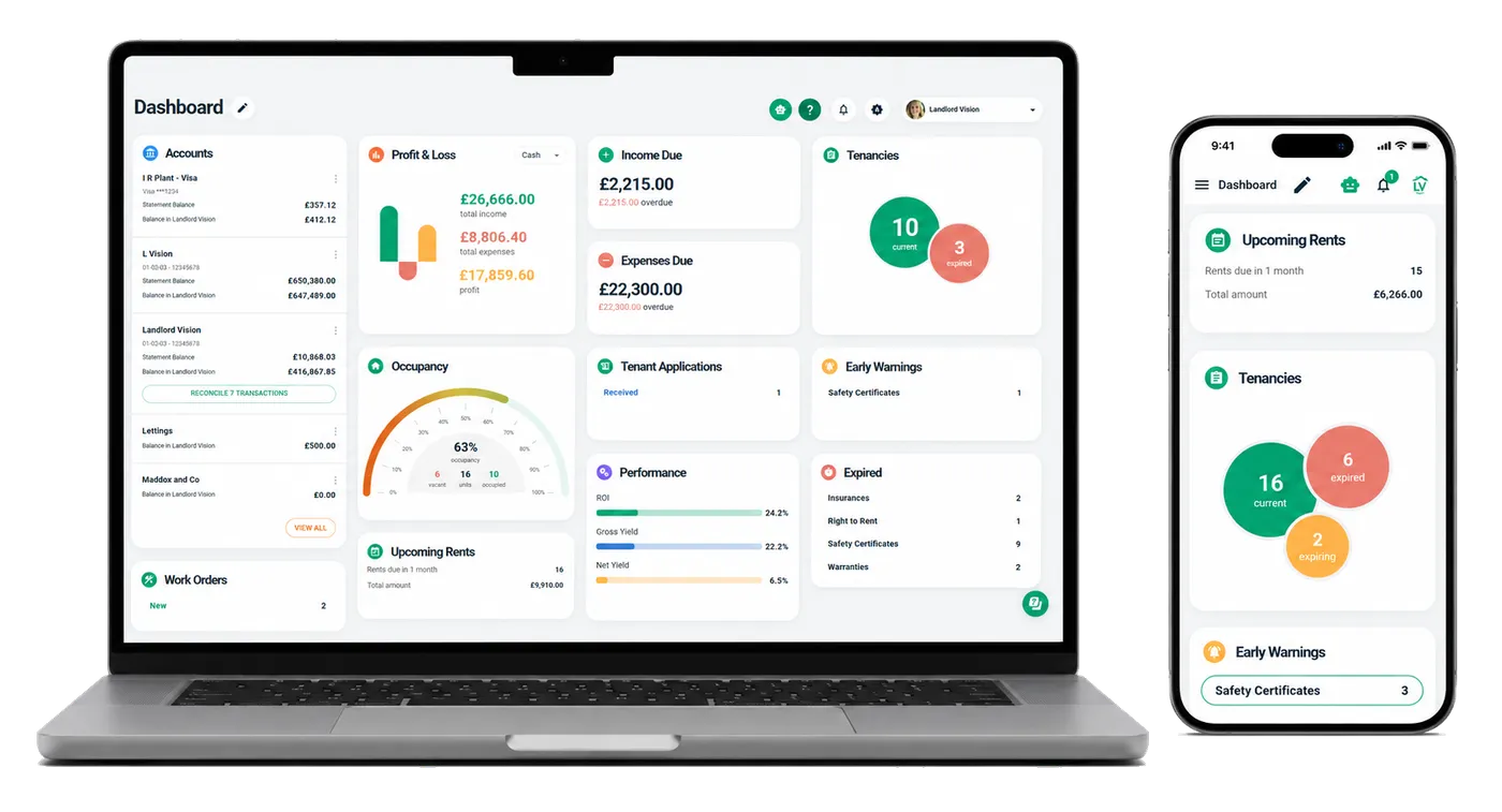 The Landlord Vision dashboard showing property income and expenses