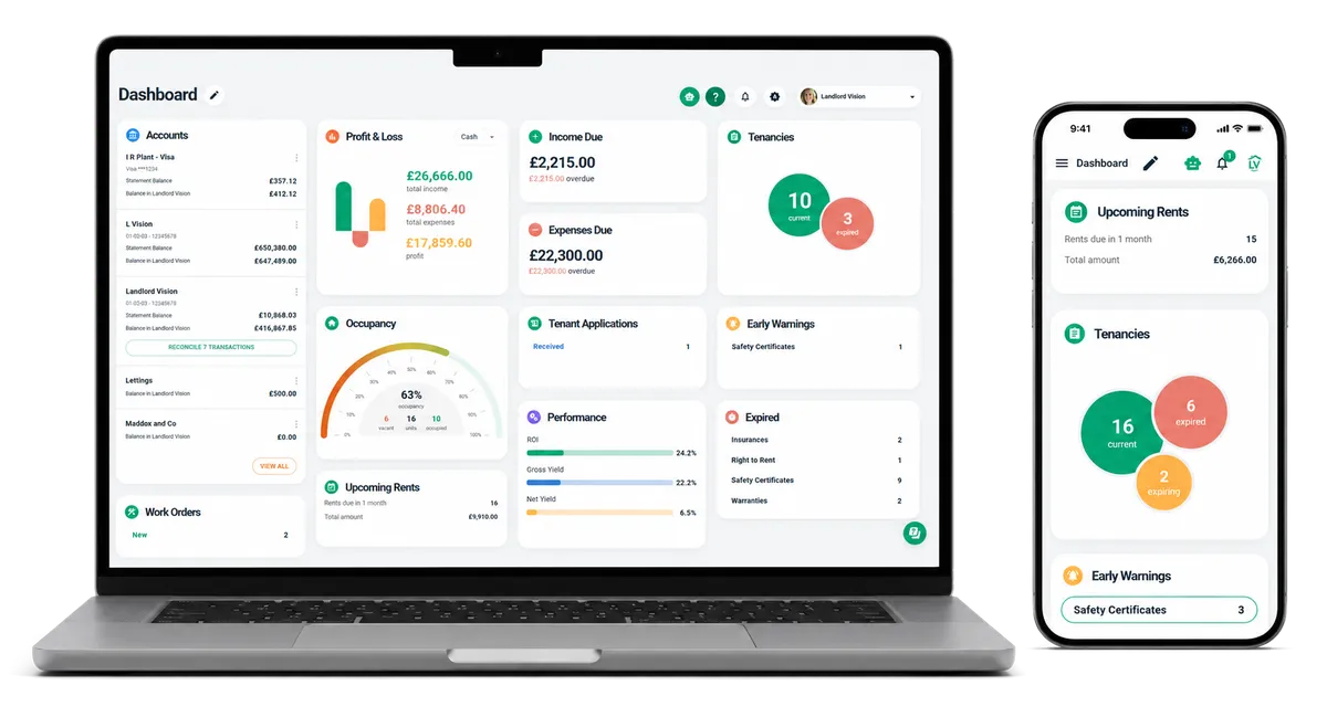 The Landlord Vision dashboard shown on a laptop and a mobile phone