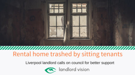 A trashed home with blog title below