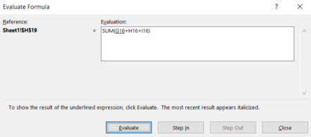 The formula evaluation dialogue box in Excel