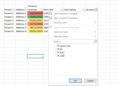 A screenshot of the filter options in Excel
