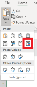 merge formatting paste option Excel