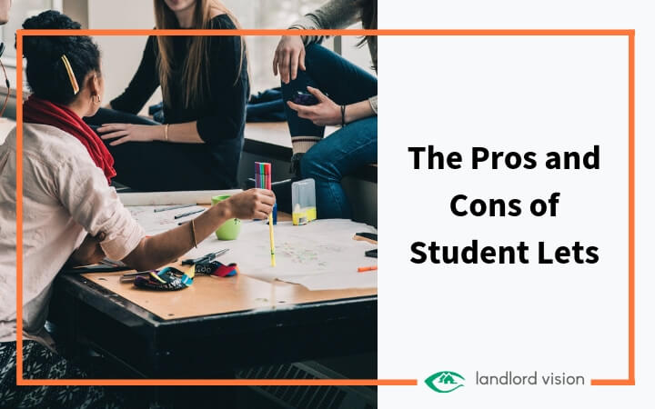 Group of students at a table. Blog title text: the pros and cons of student lets.