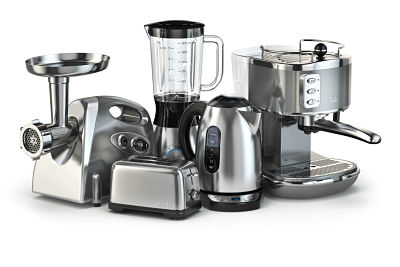 brown goods including blender, toaster, coffee machine, meat grinder and kettle.