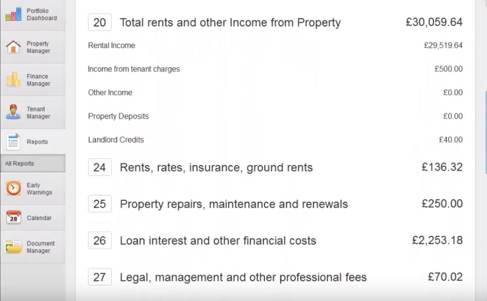 Screenshot of the Landlord Vision income tax report