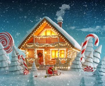 log house decorated for Christmas lights in magical forest with cartoon spruces and candy canes.