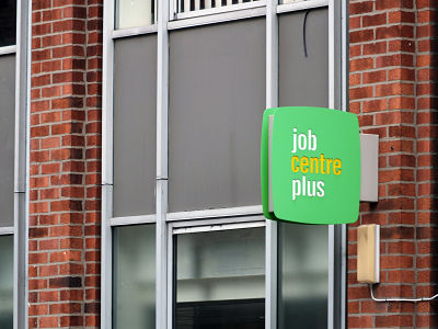 leeds, england - 13, sepetmber, 2018: a sign outside a job centre plus in leeds england run by the UK Department for Work and Pensions for its working-age support service and encourage employment