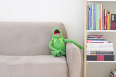 a kermit the frog toy laughing