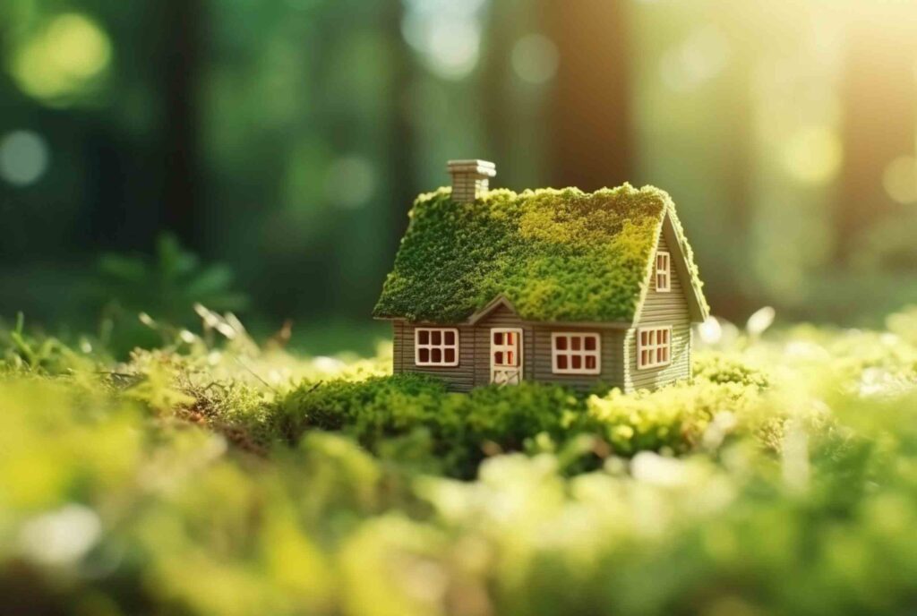 A small house model in a green wood covered in green moss representing environmentally friendly houses.