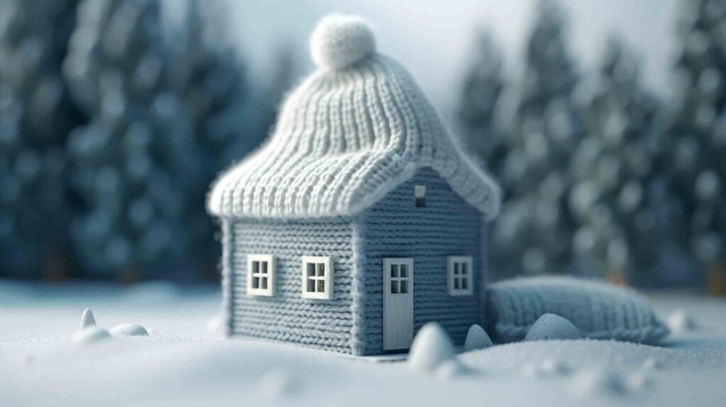 A knitted house, wearing a bobble hat set in a winter scene representing winter properties.