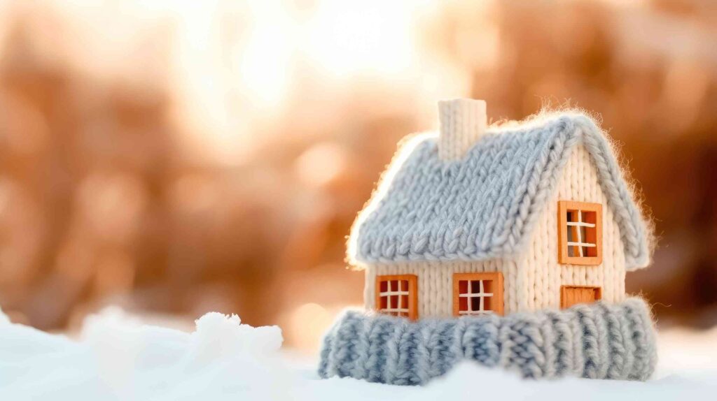 A knitted house with a blurry but snowy background
