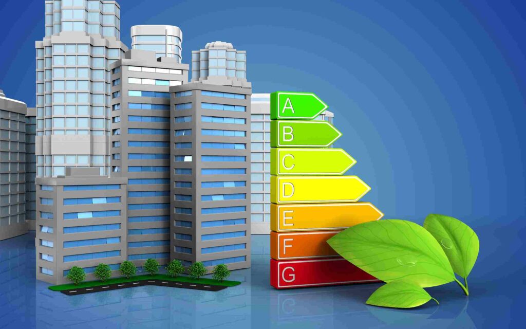 Blocks of apartments with energy ratings symbols and a green leaf