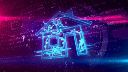 Abstract glowing house icon on digital background. 3d rendering toned image