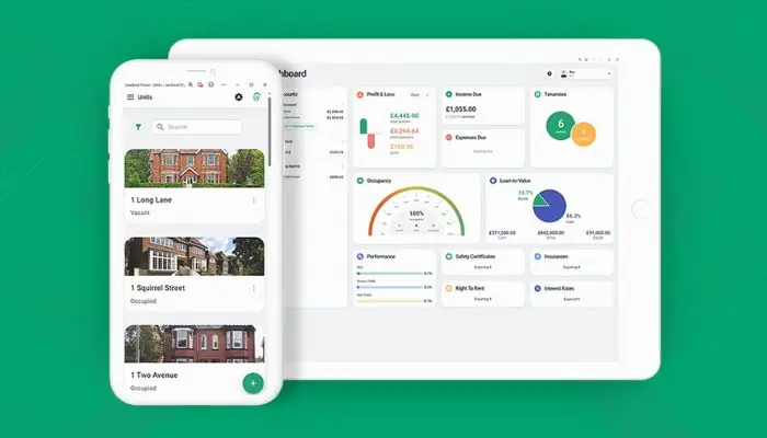 properties with software dashboard and green background
