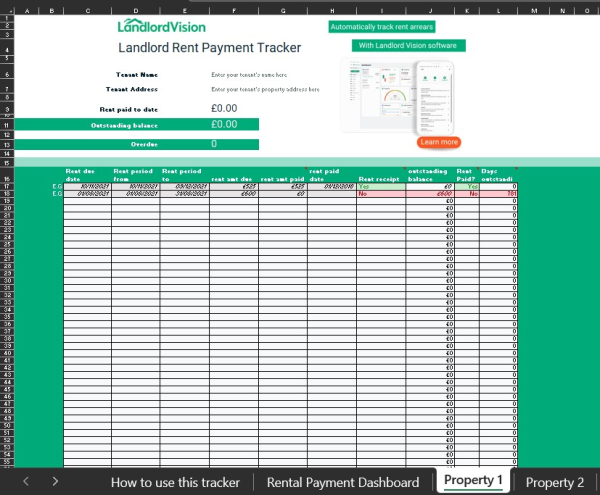 Rental payment spreadsheet
