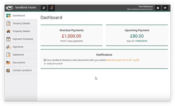 The finance management console in Landlord Vision